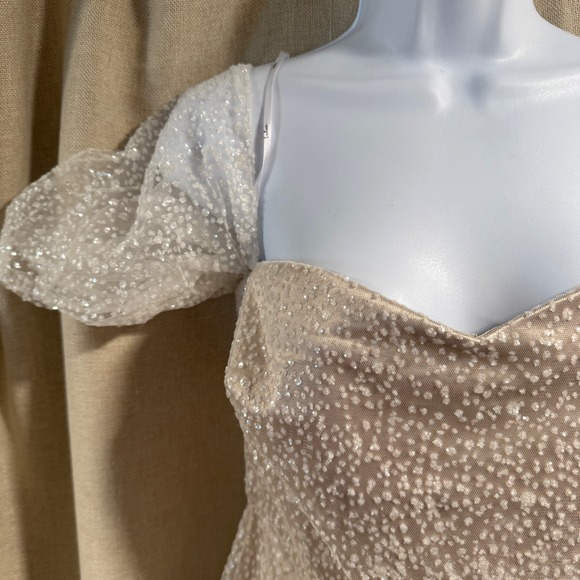 Lulus Champagne Sparkle Midi Dress Puff Sleeves Sweetheart Neckline Party - Picture 4 of 9